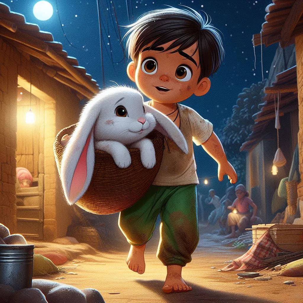 a little boy carrying a basket with a bunny inside of it