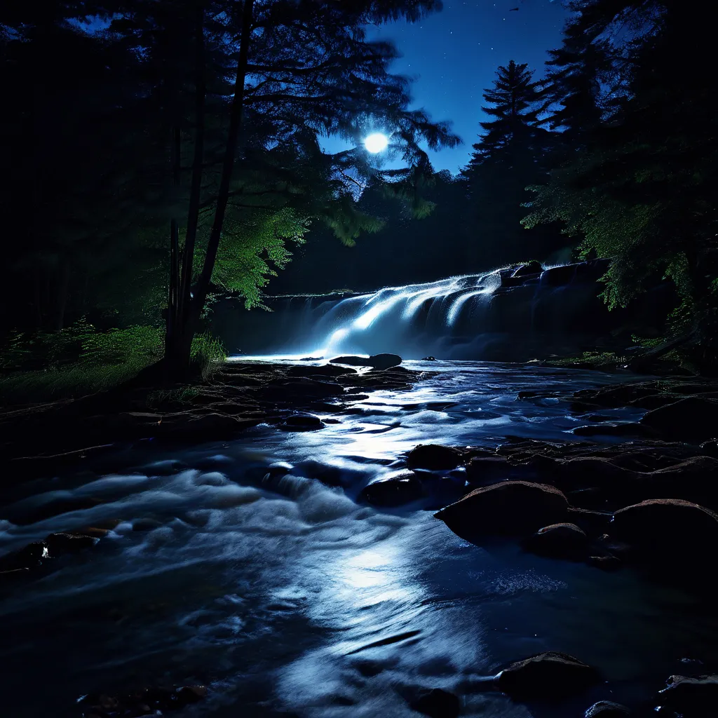 a river running through a forest under a full moon