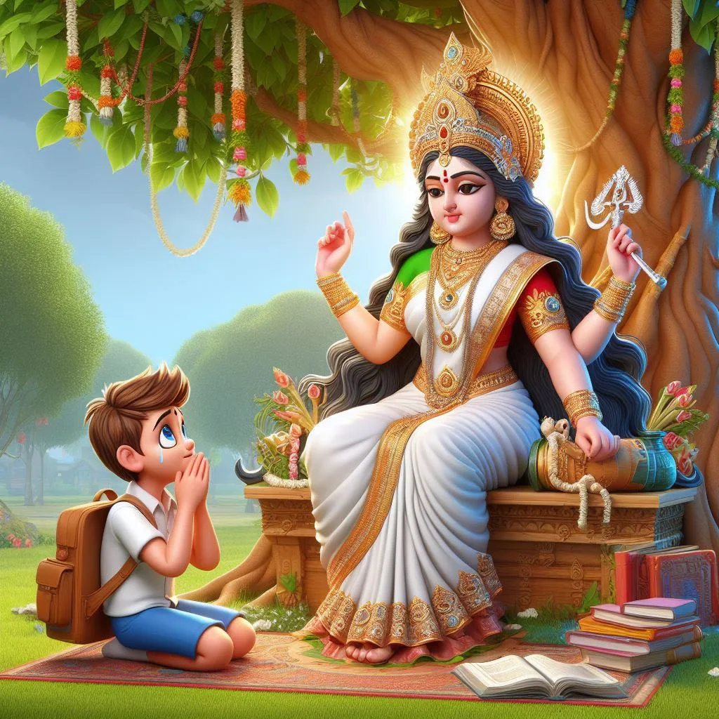 a painting of a woman ma saraswati sitting on a bench next to a boy