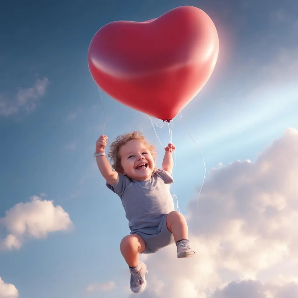 a child holding a heart shaped balloon in the air