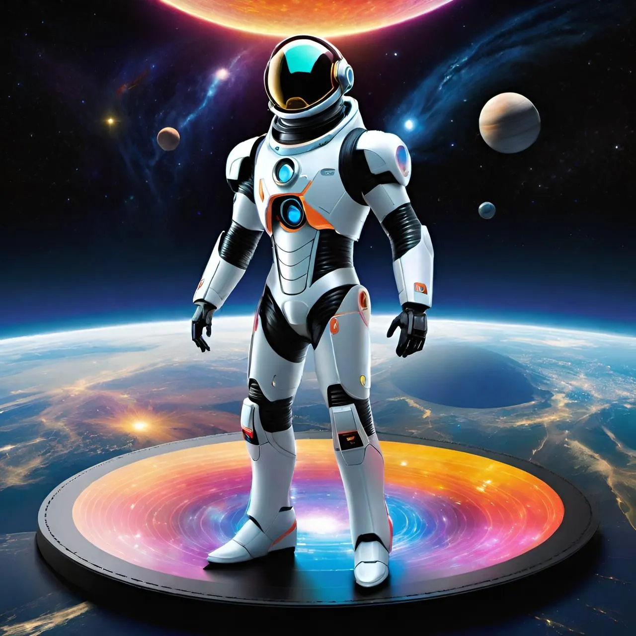 a man in a space suit standing in front of a planet