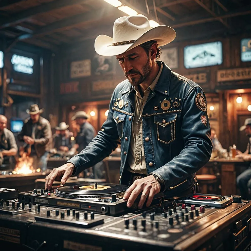 a man in a cowboy hat is mixing music