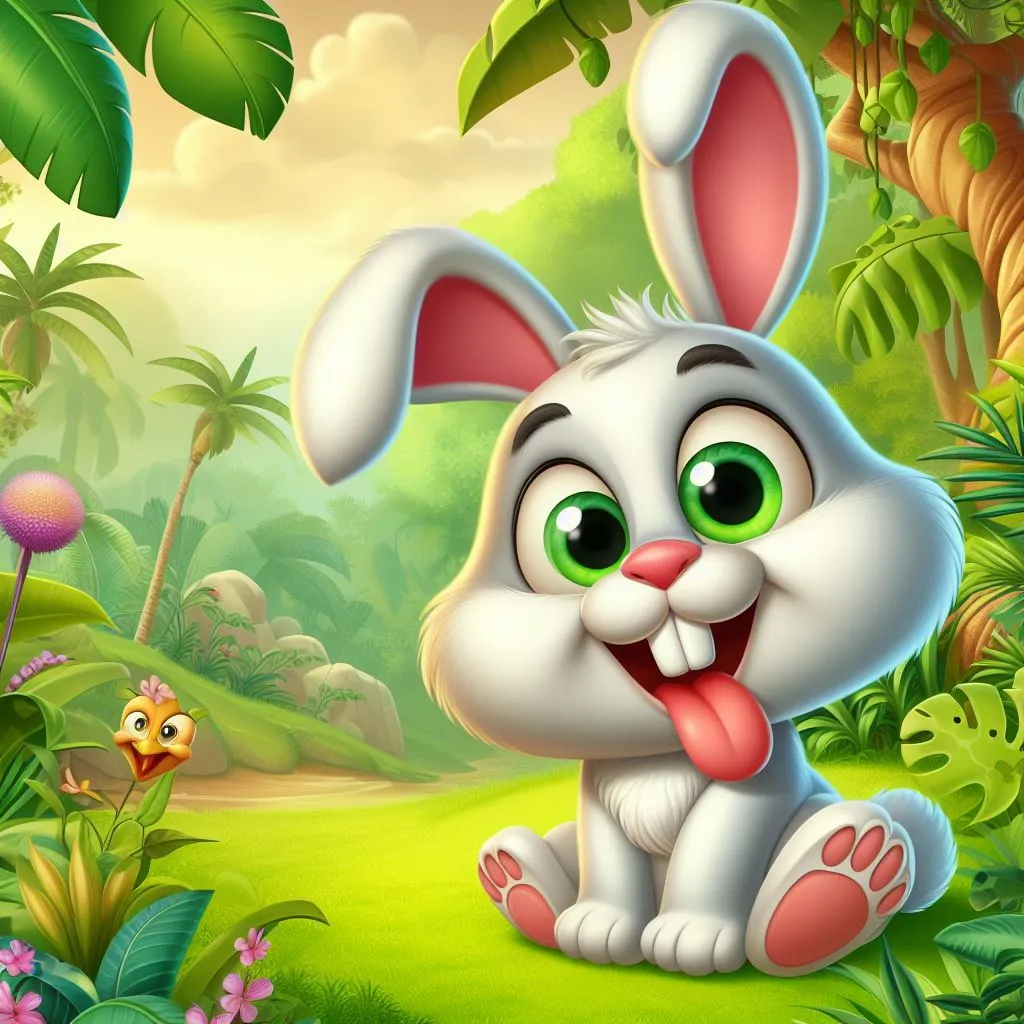 a cartoon bunny sitting in the middle of a forest and making faces