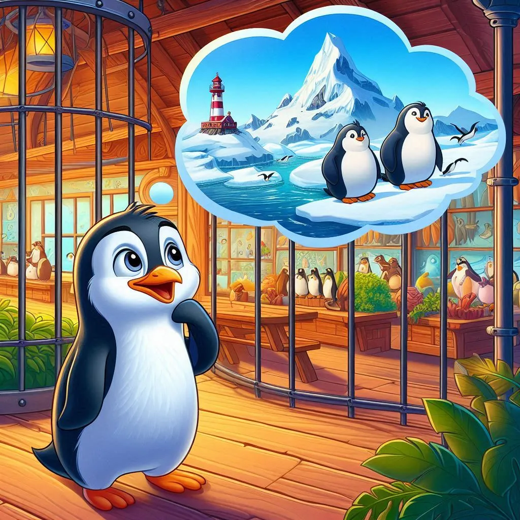 a penguin is standing in front of a cage