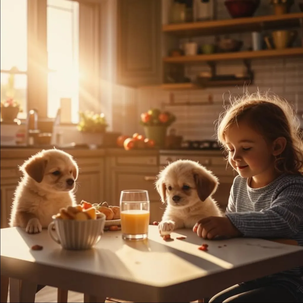 a little girl sitting at a table with two puppies