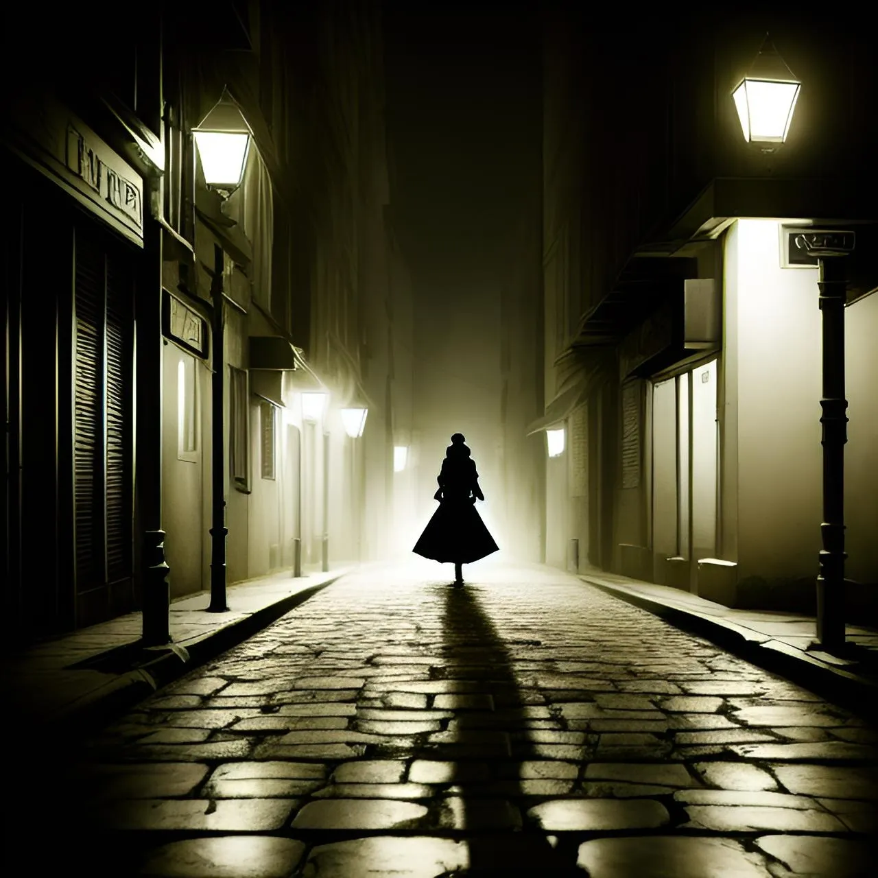 a person walking down a street at night