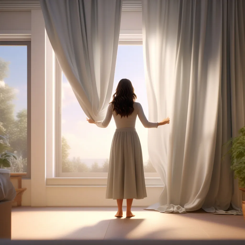 a woman standing in front of a window opening curtains