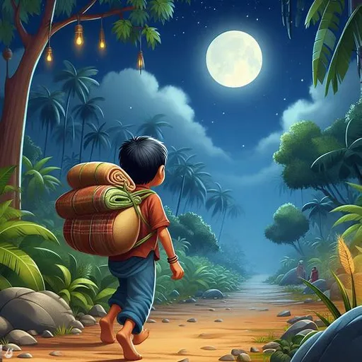 a boy with a backpack is walking through the jungle iluminating moon