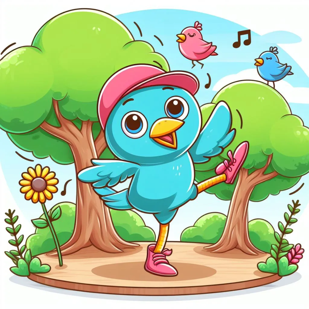 a blue bird with a pink hat is dancing