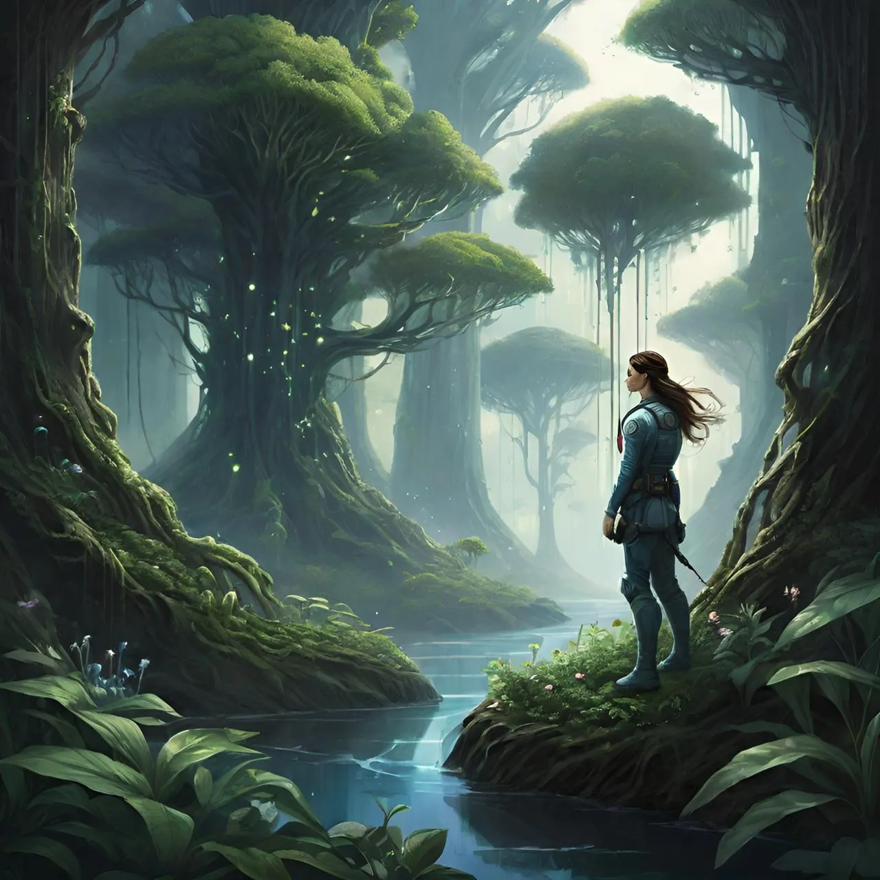 a woman standing in the middle of a forest