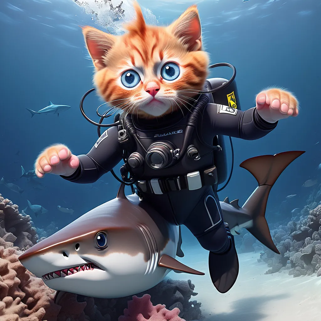 a cat is riding on top of a shark