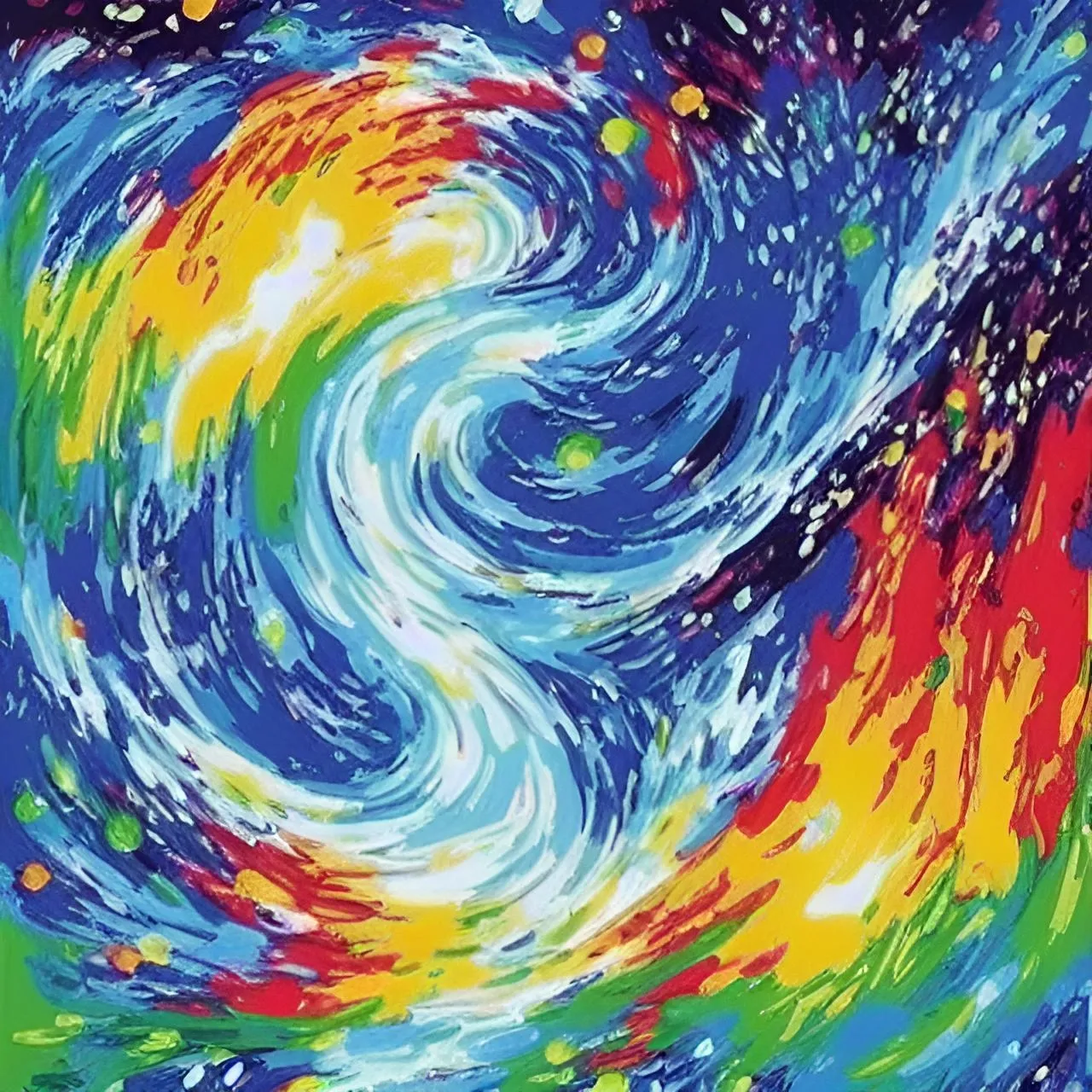 a painting of a colorful swirl in blue, yellow, green, red, and