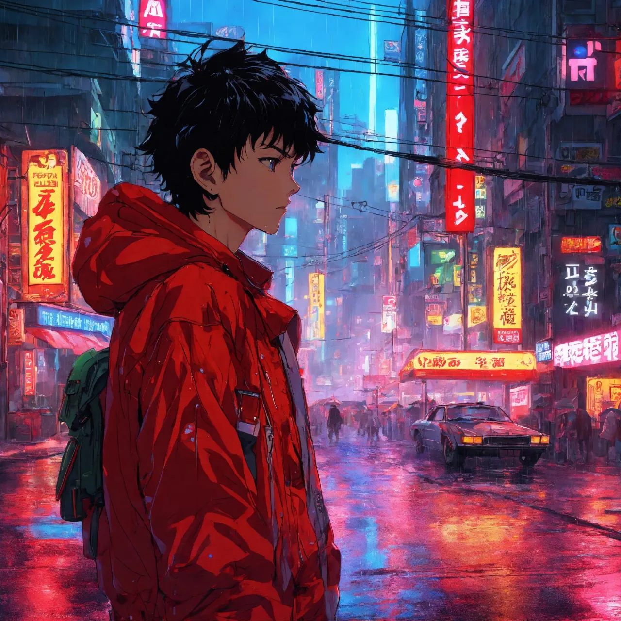 Man in red jacket standing in the rain in front of a colorful city skyline at night