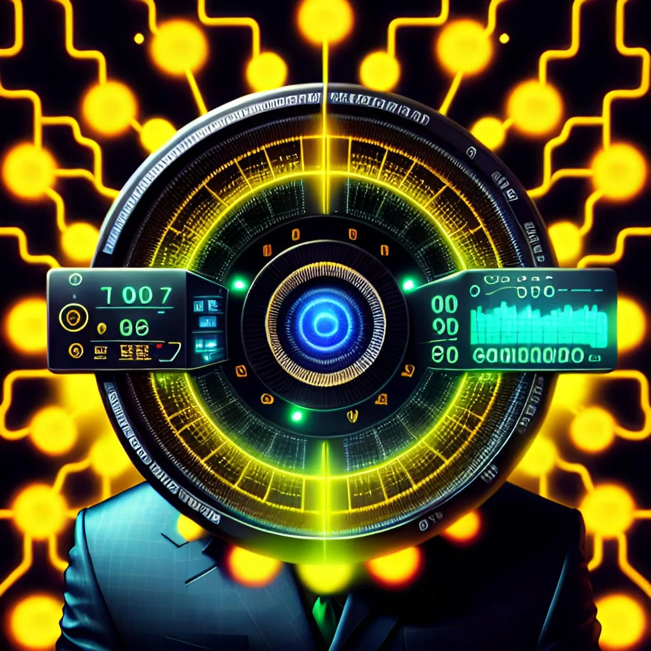 a man in a suit and tie standing in front of a futuristic interface