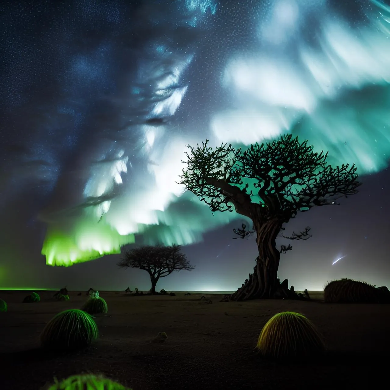 a tree with a lot of green lights in the sky