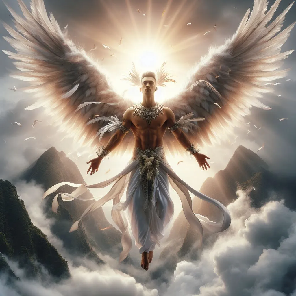 a man with angel wings standing in the clouds