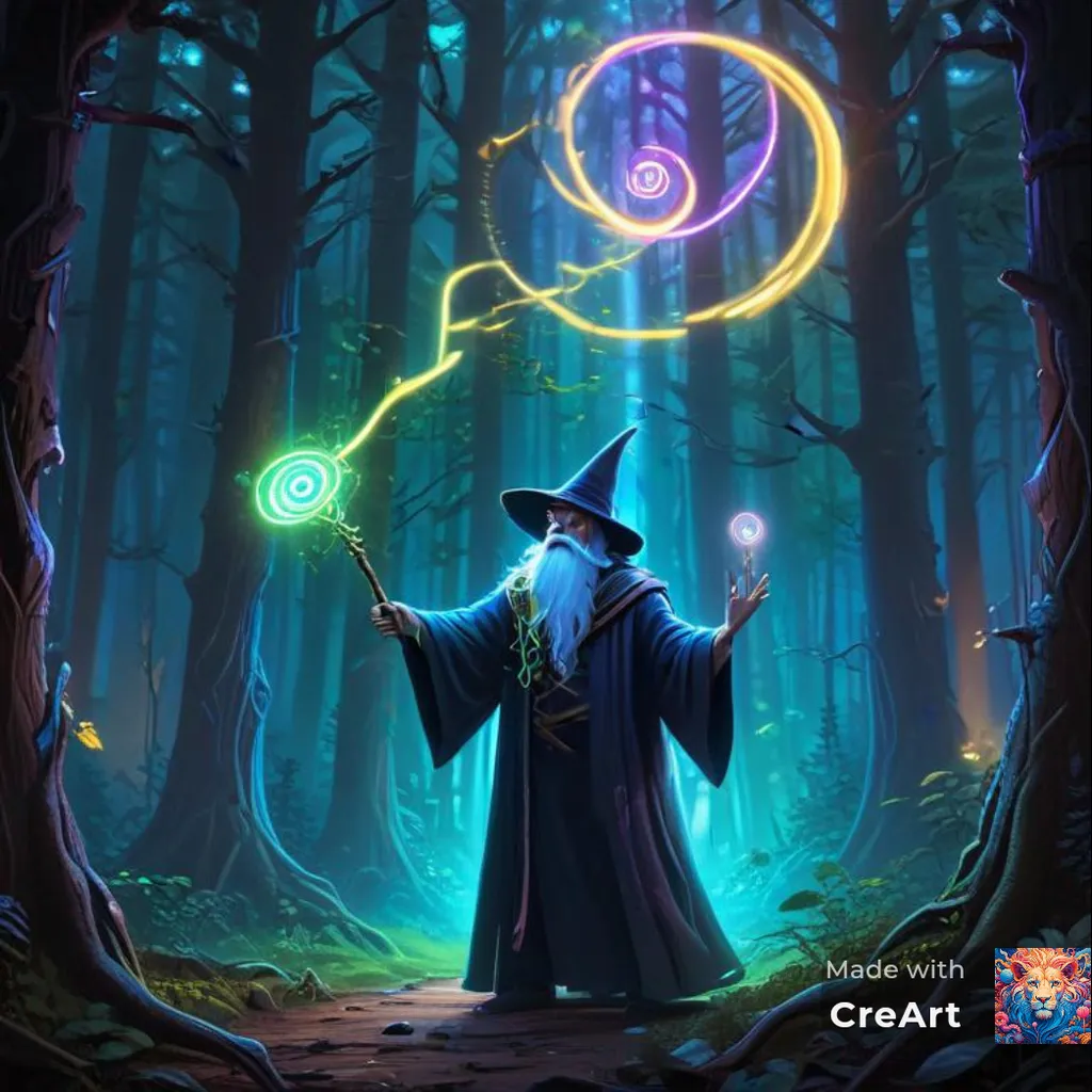 a wizard holding a wand in the middle of a forest