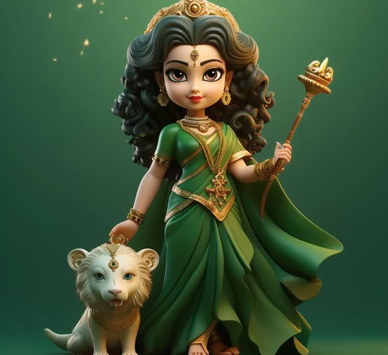 a little girl in a green dress with a lion