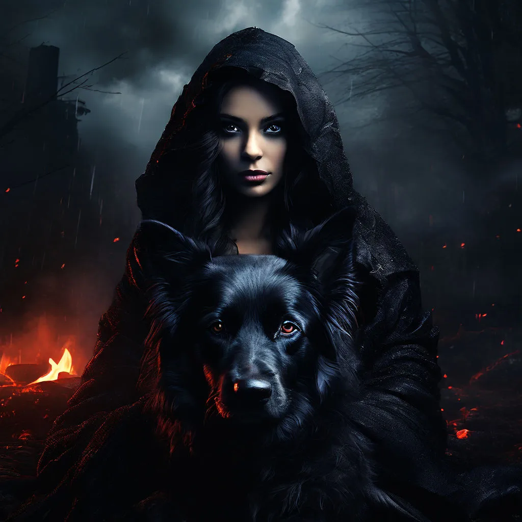 a woman in a hooded jacket holding a black dog