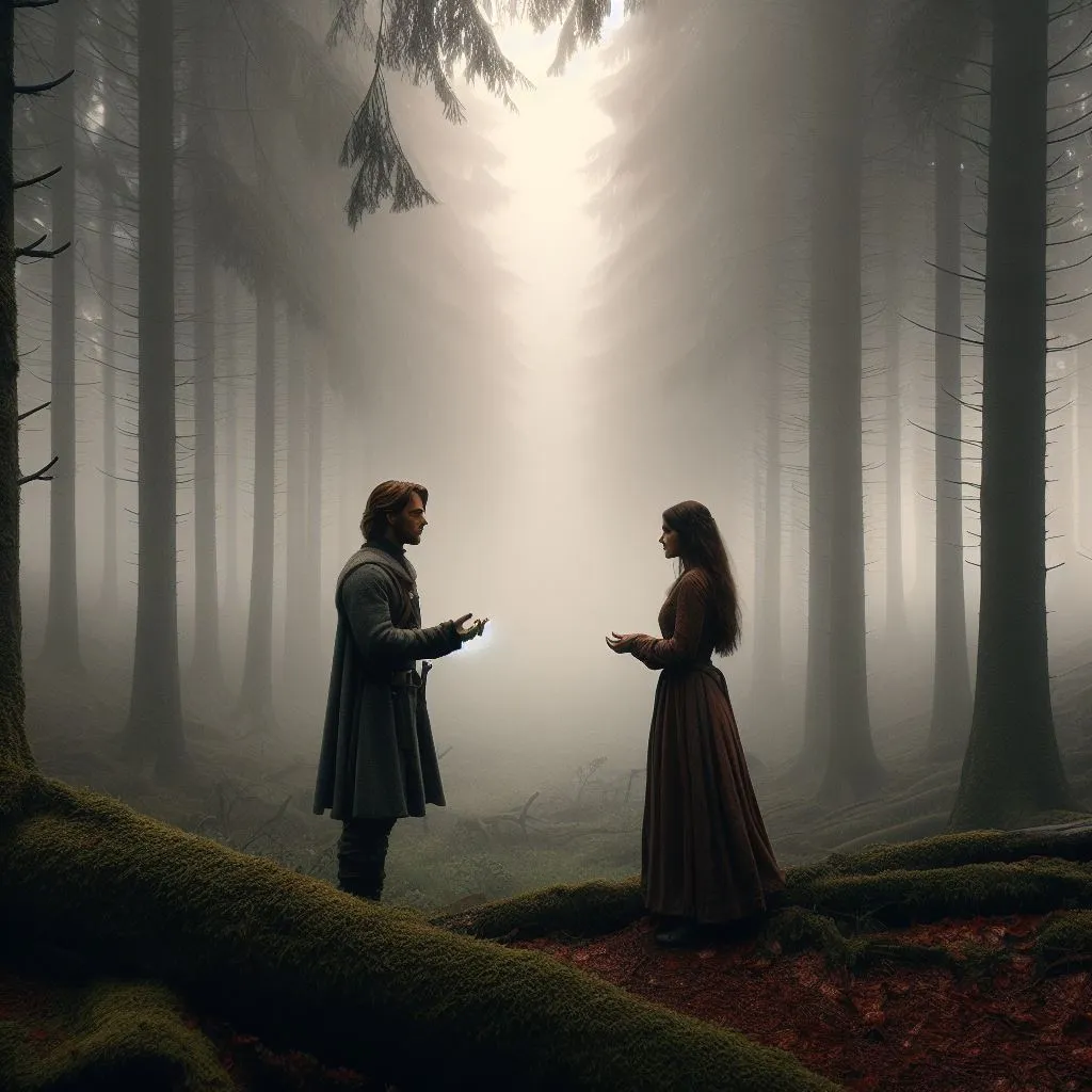 image of a beautifully beautiful sequence set in a fog-covered forest, where the protagonists male and female meet