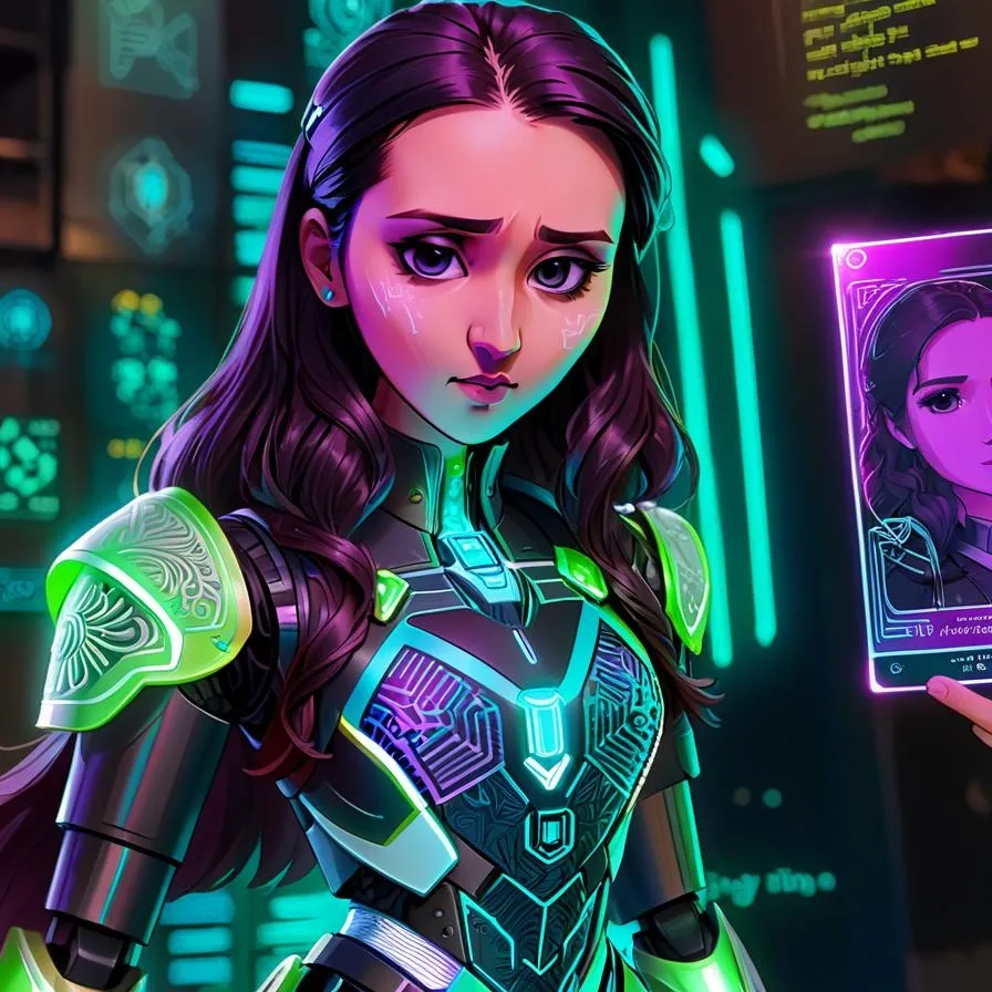 a girl in a futuristic suit holding a card