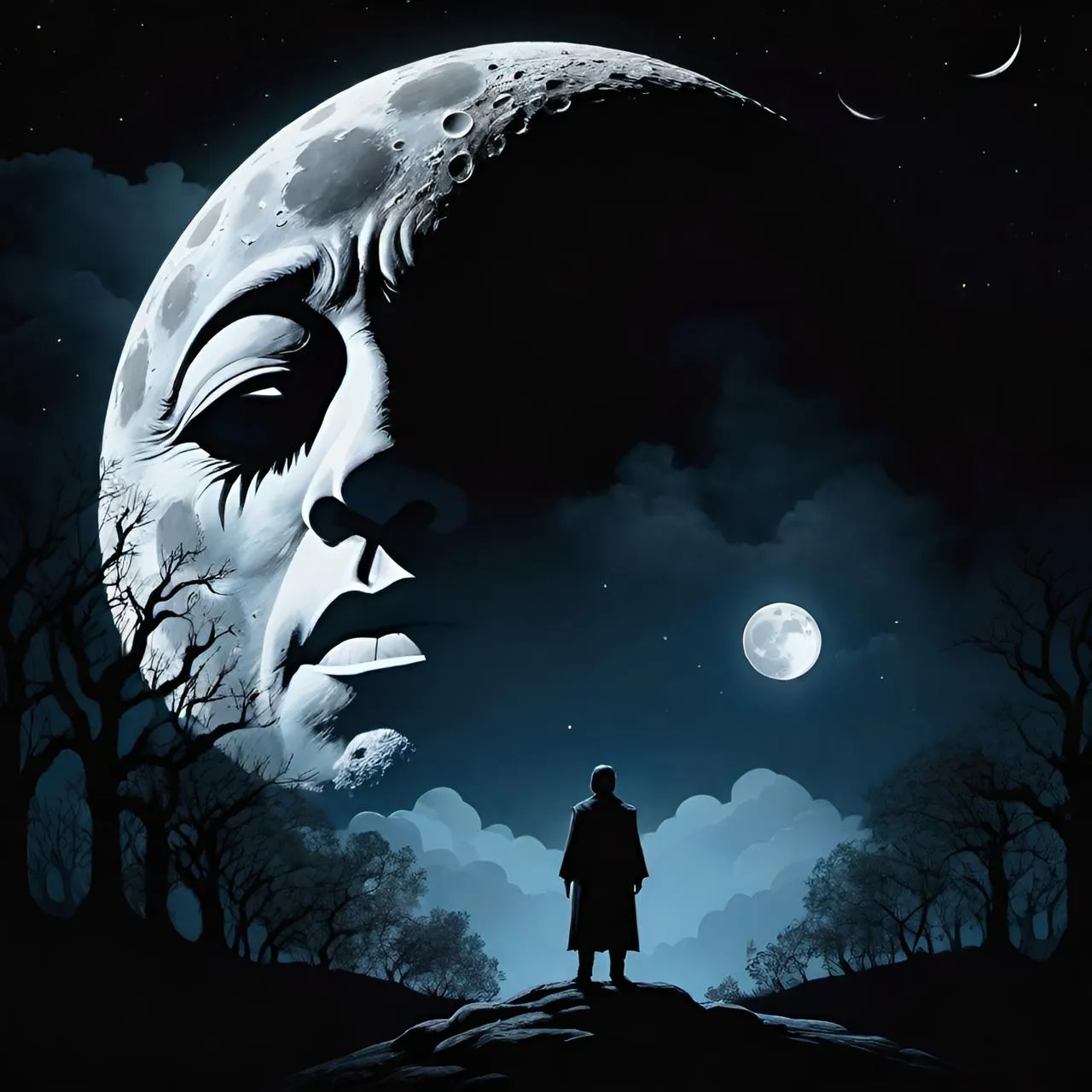 a man standing on top of a hill under a full moon