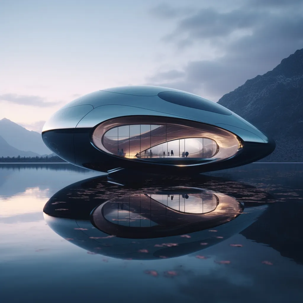 a futuristic building sitting on top of a lake