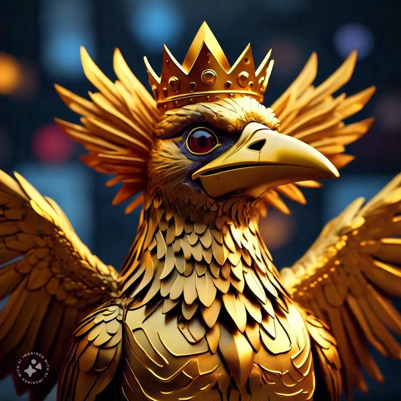 a golden bird with a crown on its head and talking about 