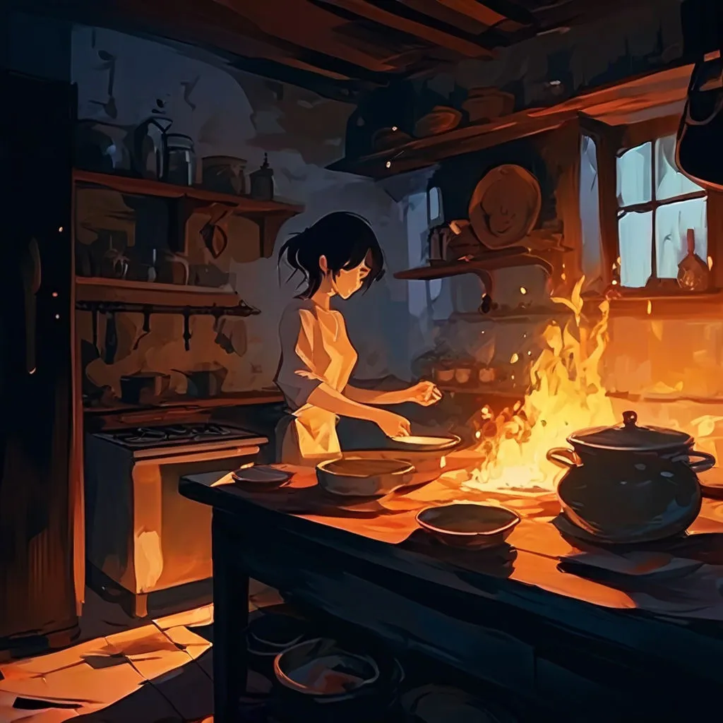 A dimly lit kitchen with a flickering cooking fire casting eerie shadows on the walls, as a mysterious figure stands over a bubbling pot, their face hidden in the shadows.