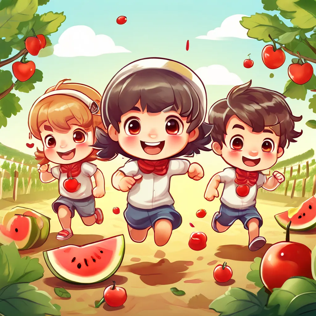 a group of children running through a field of watermelon