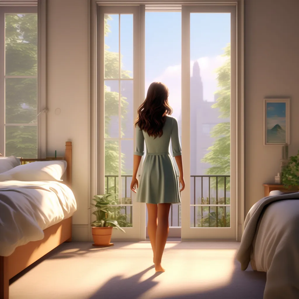 a woman in a bedroom walking towards the window