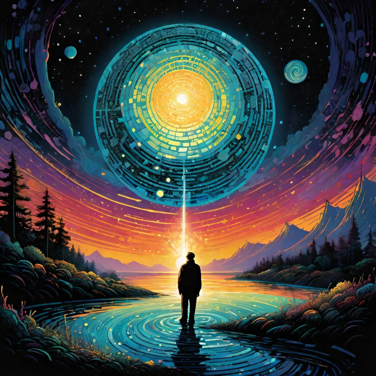 a painting of a man standing in front of a star filled sky