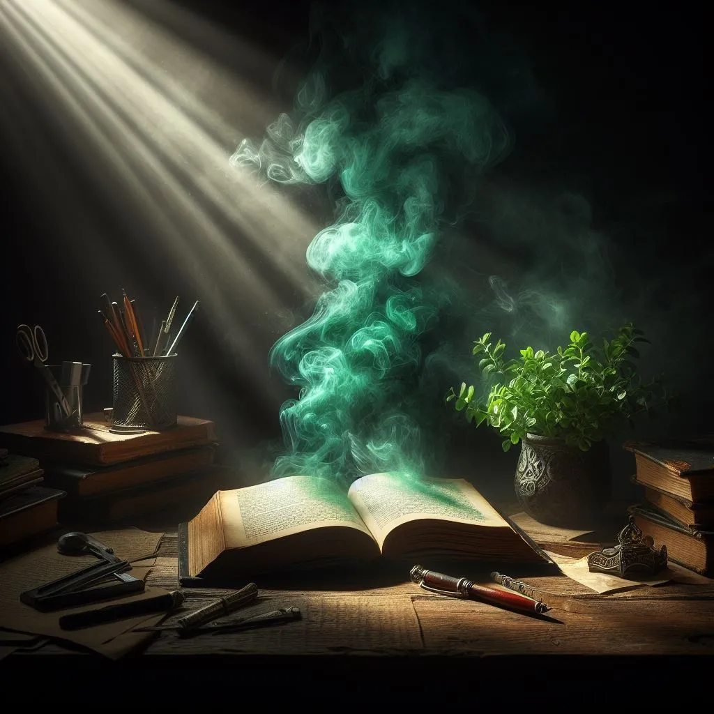 an open book with smoke coming out of it