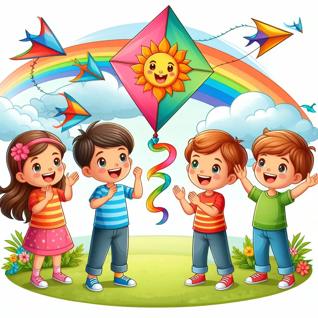 a group of kids flying a kite in a field