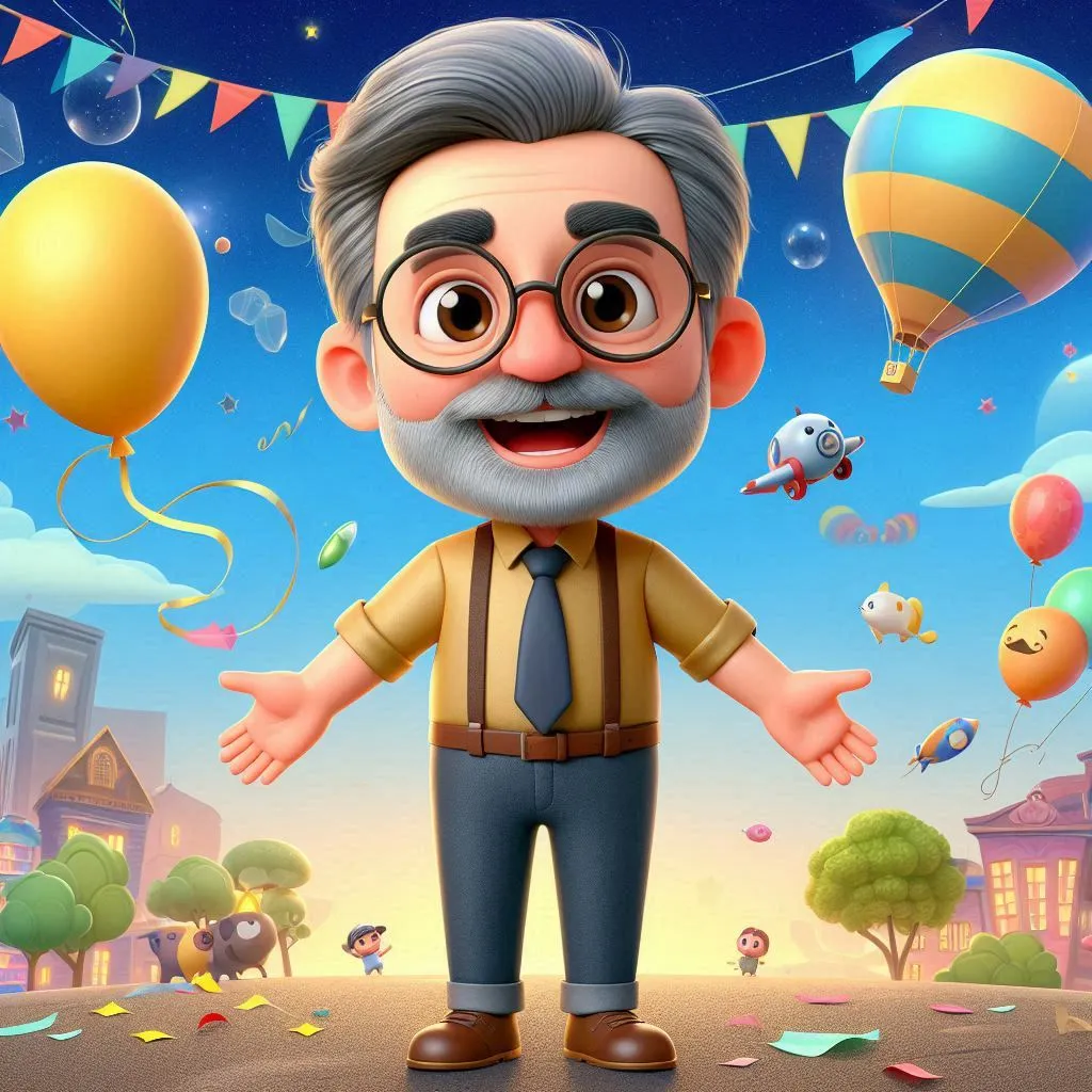 a man with glasses and a beard standing in front of balloons