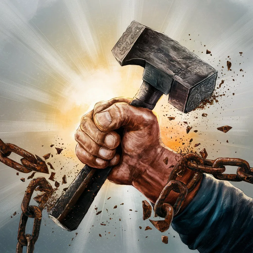 An illustration of a hand holding a hammer while breaking a chain, symbolizing liberation from limitations and the ability to overcome obstacles.