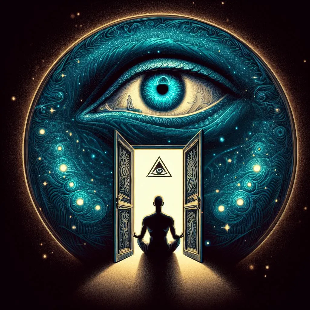 a person standing in front of an open door with an eye