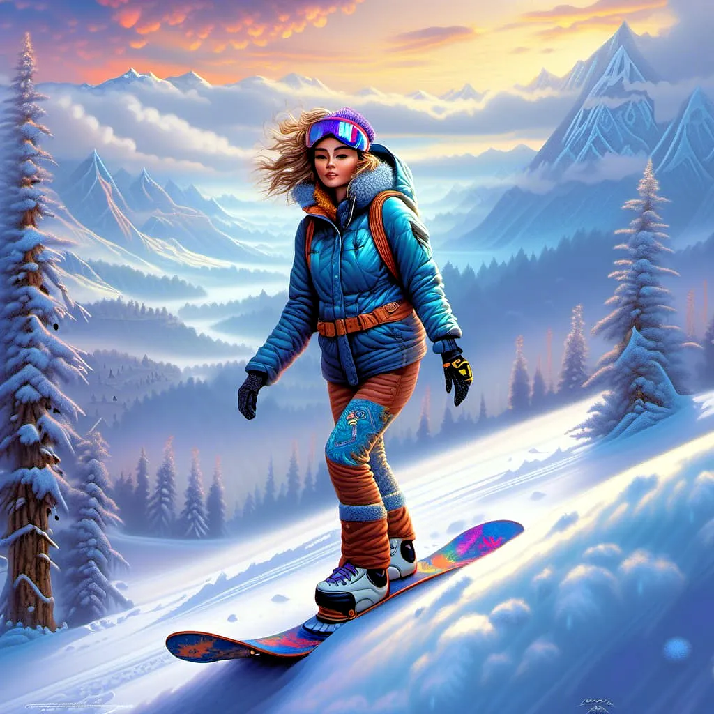 a woman riding a snowboard down a snow covered slope