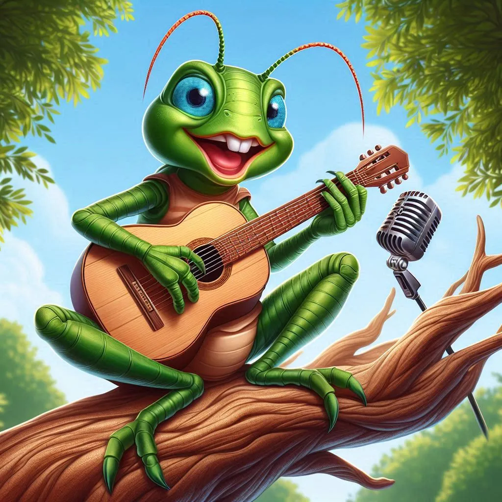 sky, vertebrate, cartoon, green, leaf, tree, organism, mammal, string instrument, grass