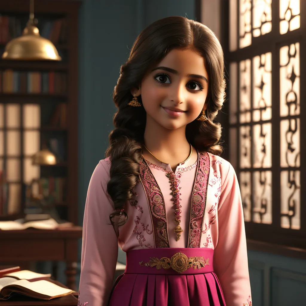 a young girl in a pink dress standing in front of a desk