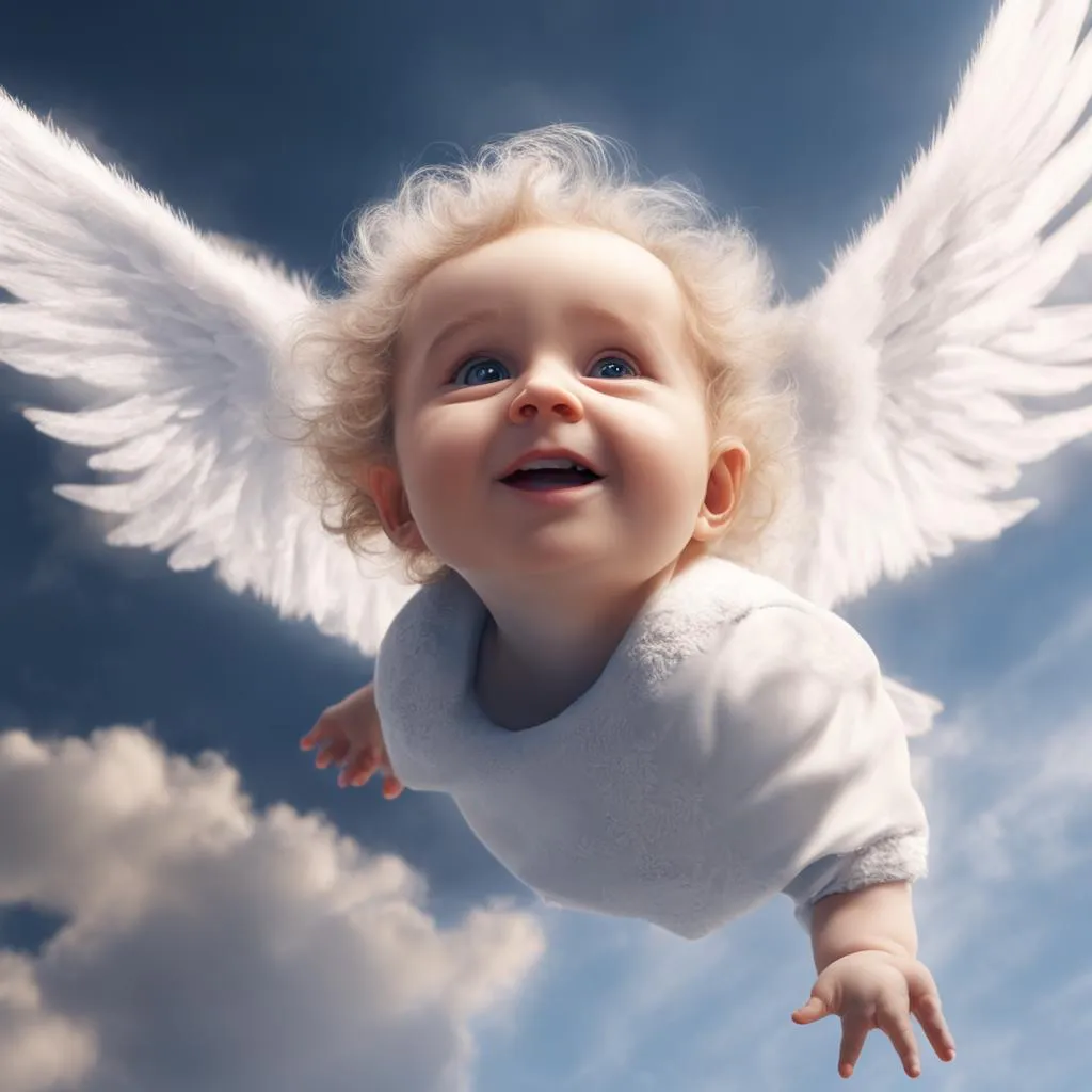 a baby with white wings flying through the air