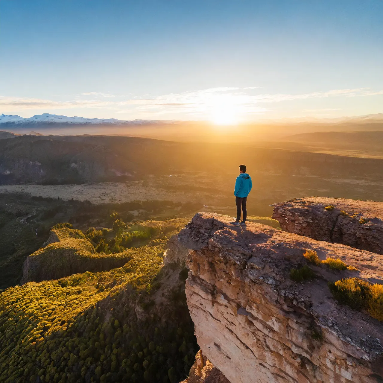 person walking towards the edge of the clif as the sun is rising.