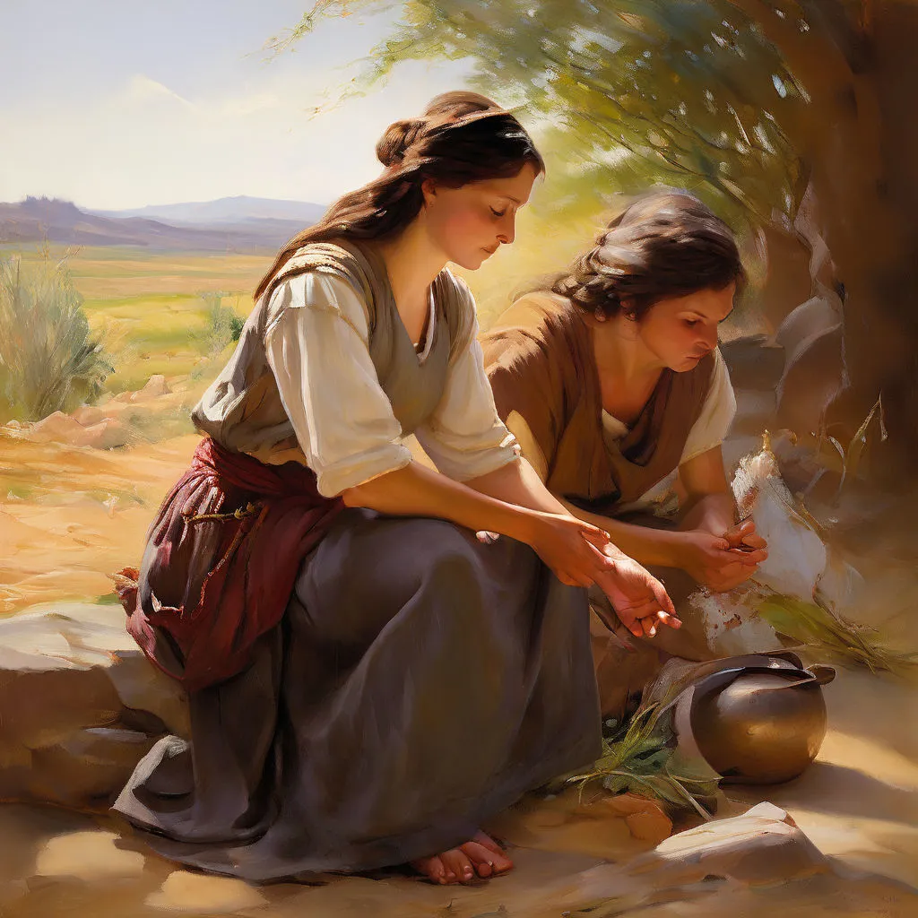 a painting of two women in a desert setting