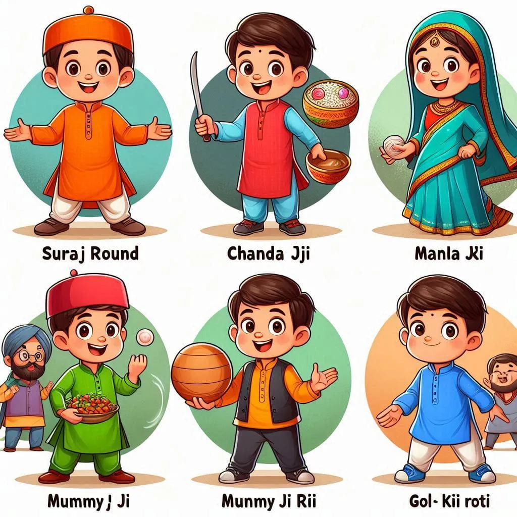 a set of four cartoon indian children