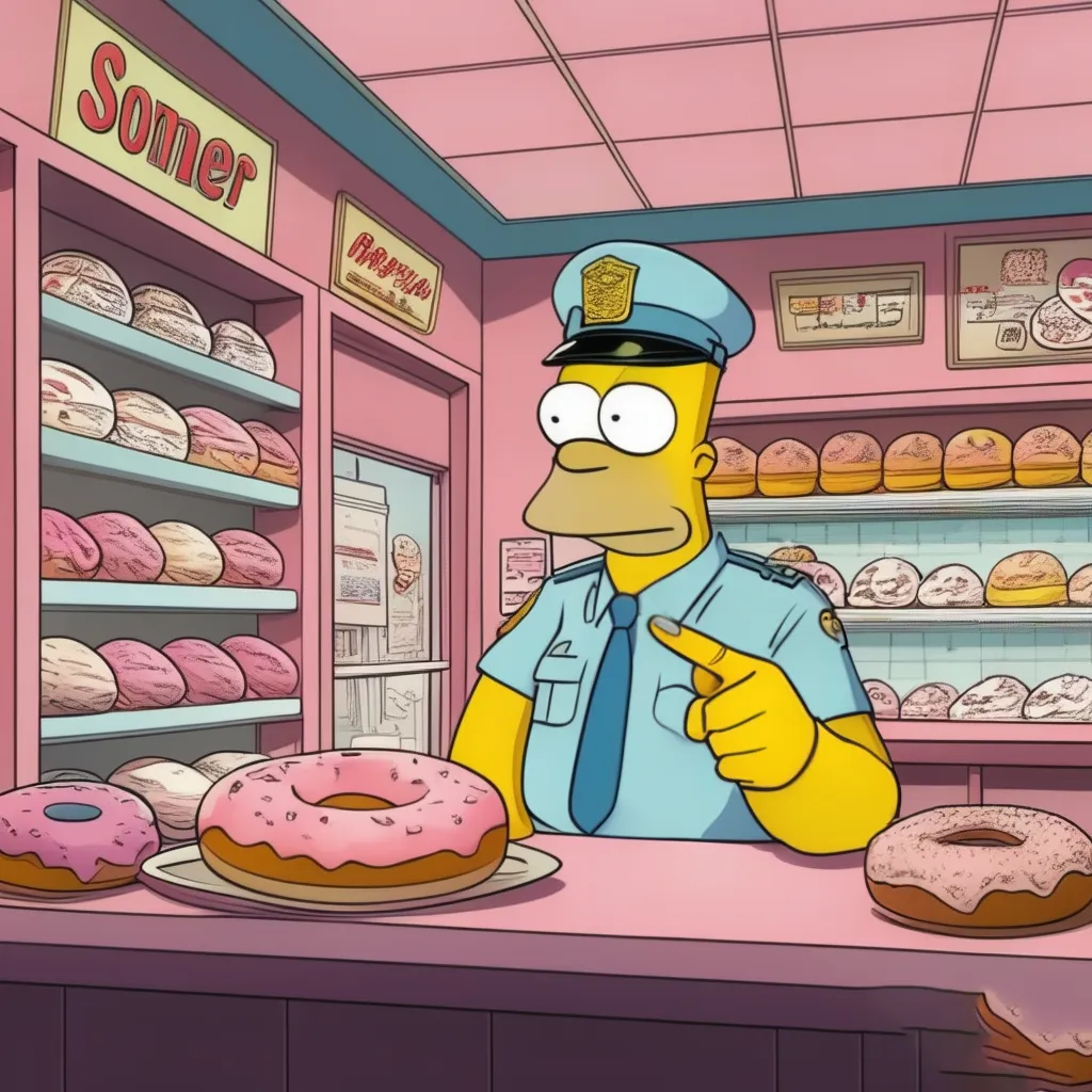 a cartoon character pointing at a donut in a store