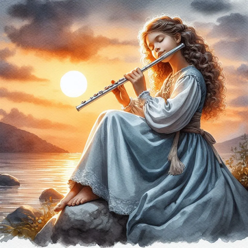 a painting of a woman playing a flute