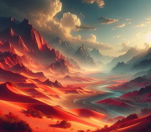 a painting of a desert landscape with mountains