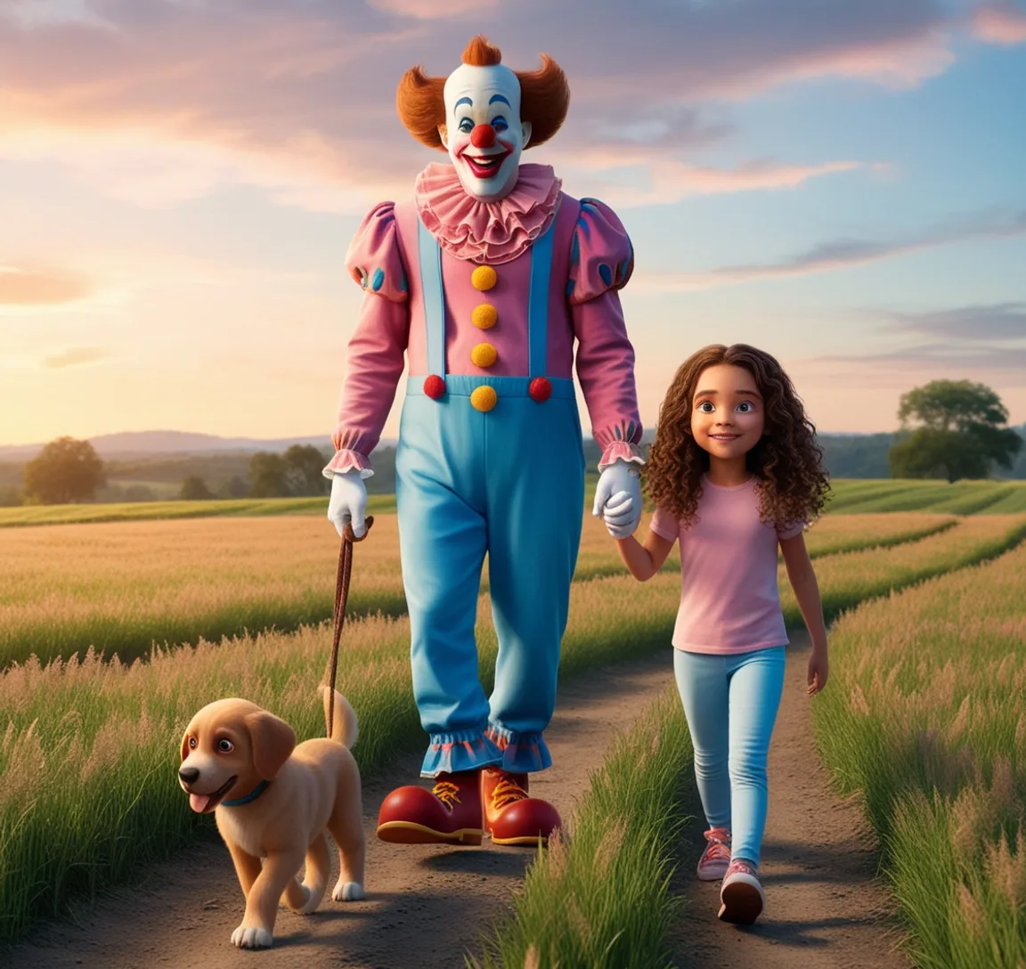 a girl and a clown walking a dog on a path