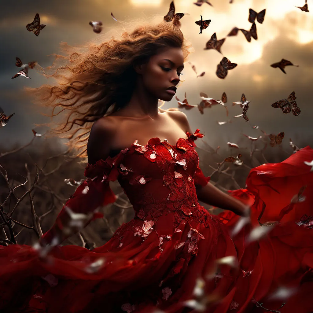 a woman in a red dress surrounded by butterflies