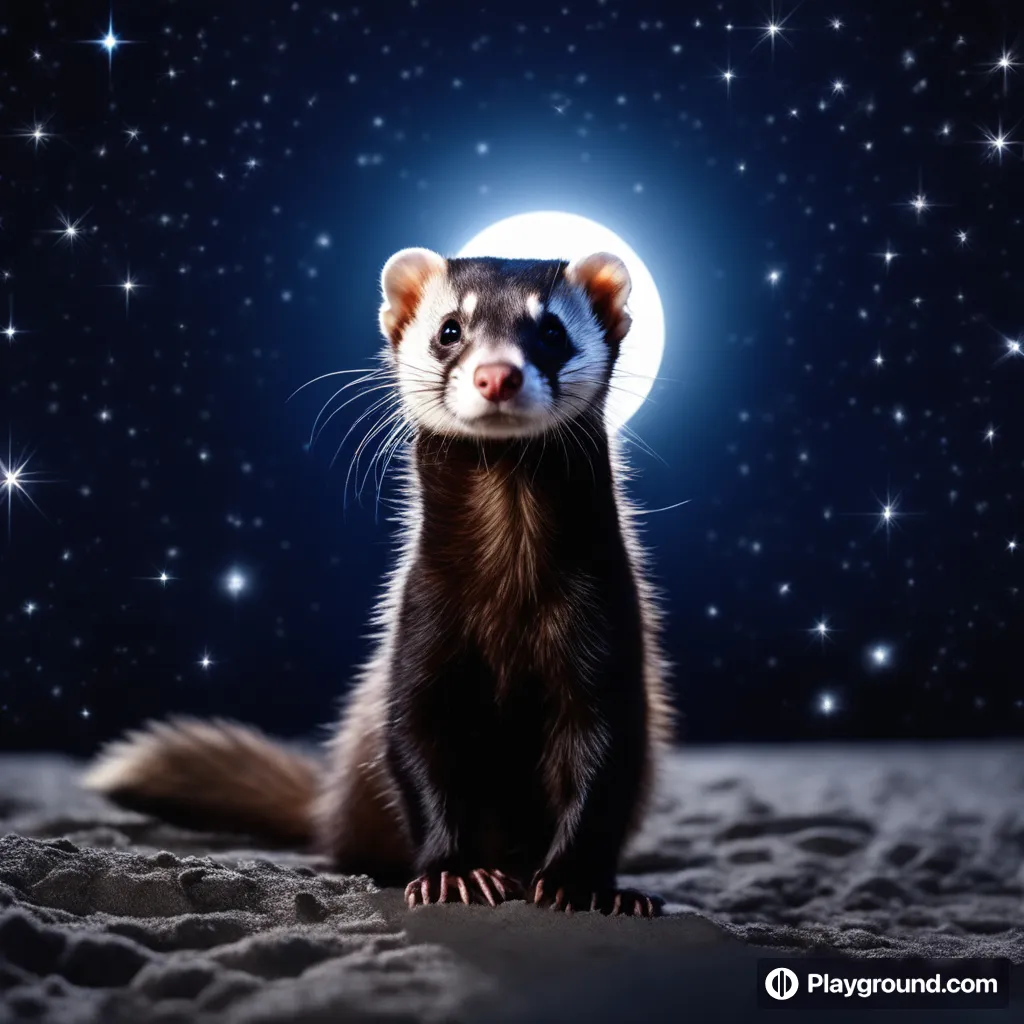 a ferret sitting in the sand with a full moon in the background